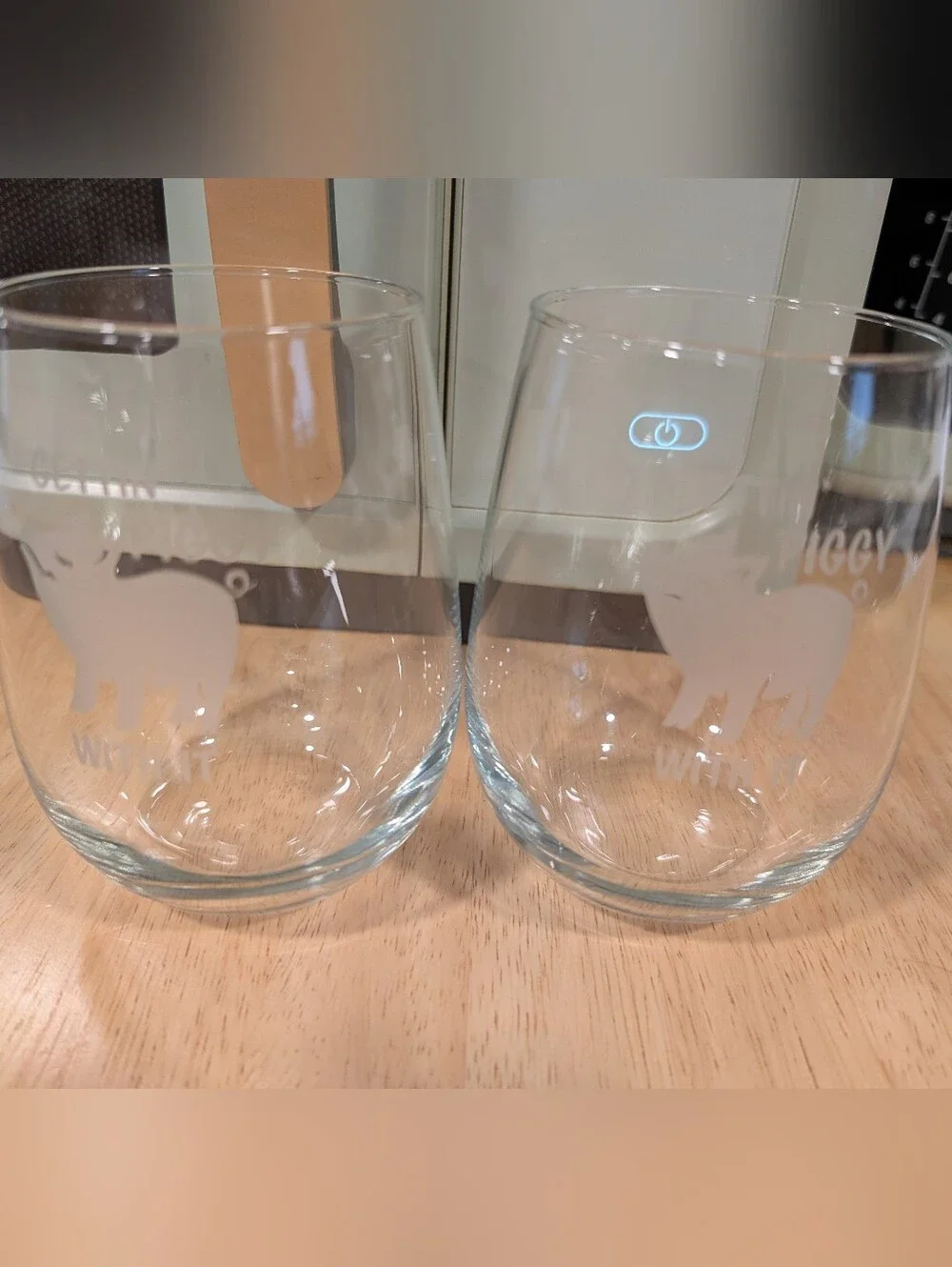 Clear Stemless Glasses with Etched Animal Design - Set of 2